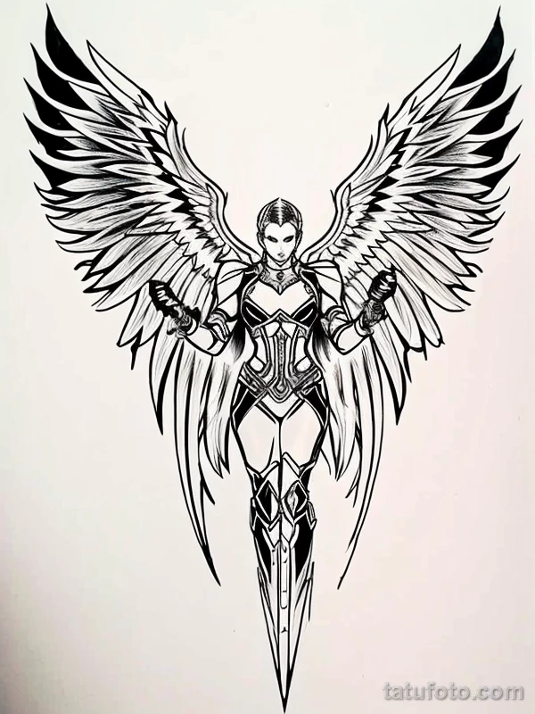 Эскизы тату Архангел Гавриил redraw tattoo sketches on a white sheet into a cyberpunk Archangel Gabriel tattoo sketch, with neon accents, futuristic details, tatufoto.com 345