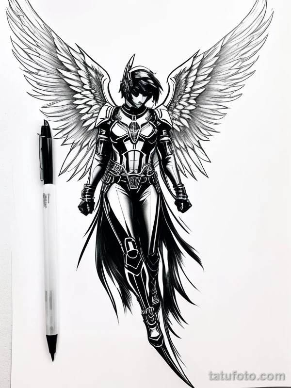 Эскизы тату Архангел Гавриил redraw tattoo sketches on a white sheet into a cyberpunk Archangel Gabriel tattoo sketch, with neon accents, futuristic details, tatufoto.com 395