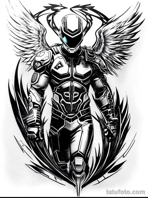 Эскизы тату Архангел Гавриил redraw tattoo sketches on a white sheet into a cyberpunk Archangel Gabriel tattoo sketch, with neon accents, futuristic details, tatufoto.com 495