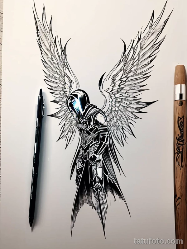 Эскизы тату Архангел Гавриил redraw tattoo sketches on a white sheet into a cyberpunk Archangel Gabriel tattoo sketch, with neon accents, futuristic details, tatufoto.com 520