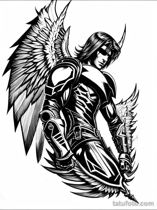 Эскизы тату Архангел Гавриил redraw tattoo sketches on a white sheet into a cyberpunk Archangel Gabriel tattoo sketch, with neon accents, futuristic details, tatufoto.com 545