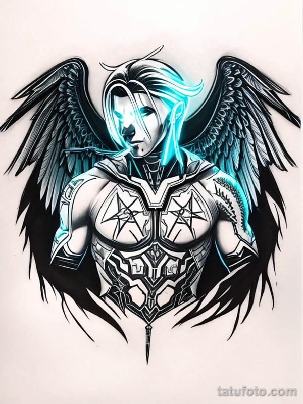 Эскизы тату Архангел Гавриил redraw tattoo sketches on a white sheet into a cyberpunk Archangel Gabriel tattoo sketch, with neon accents, futuristic details, tatufoto.com 570