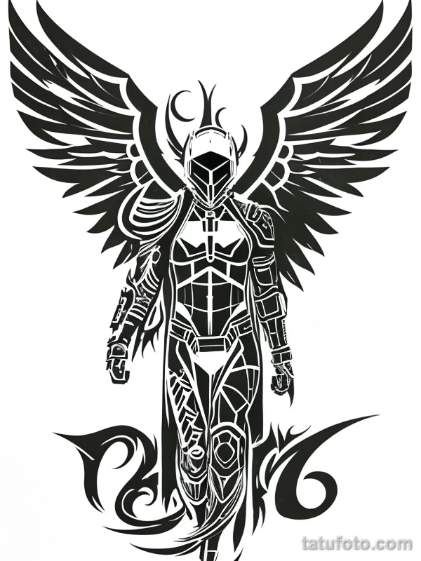 Эскизы тату Архангел Гавриил redraw tattoo sketches on a white sheet into a cyberpunk Archangel Gabriel tattoo sketch, with neon accents, futuristic details, tatufoto.com 695