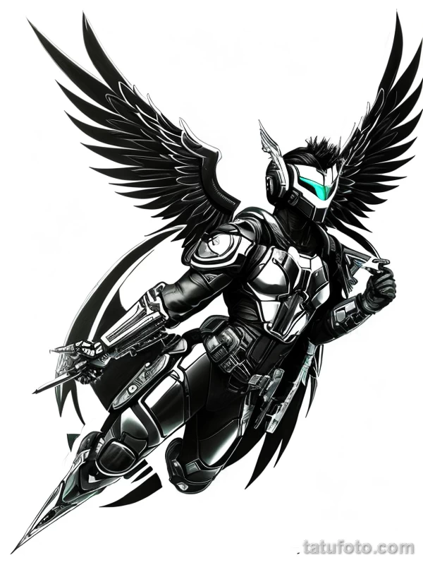 Эскизы тату Архангел Гавриил redraw tattoo sketches on a white sheet into a cyberpunk Archangel Gabriel tattoo sketch, with neon accents, futuristic details, tatufoto.com 970