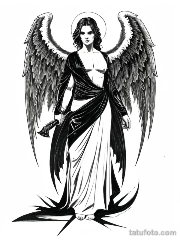 Эскизы тату Архангел Гавриил redraw tattoo sketches on a white sheet into a fierce Archangel Gabriel tattoo sketch, with sharp, aggressive lines, dark black tatufoto.com 063