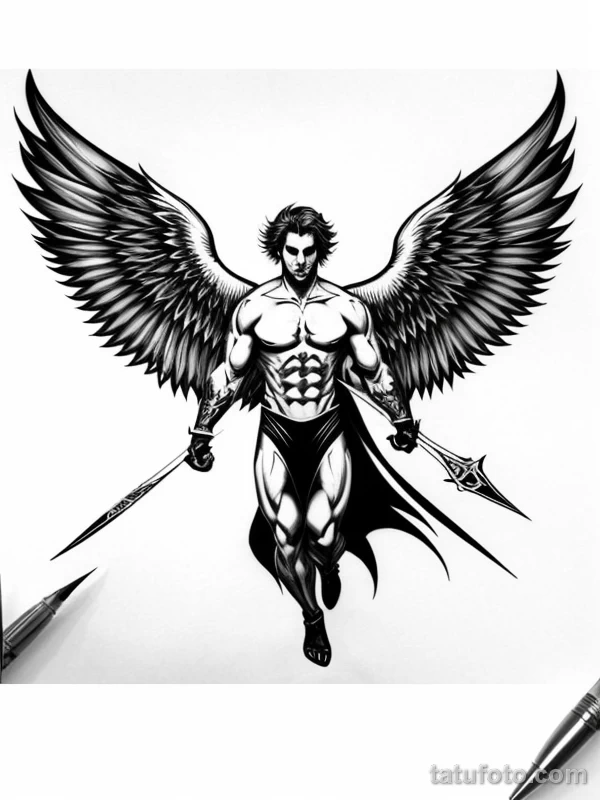 Эскизы тату Архангел Гавриил redraw tattoo sketches on a white sheet into a fierce Archangel Gabriel tattoo sketch, with sharp, aggressive lines, dark black tatufoto.com 095