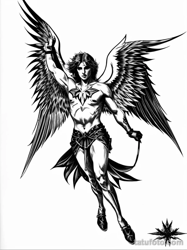 Эскизы тату Архангел Гавриил redraw tattoo sketches on a white sheet into a fierce Archangel Gabriel tattoo sketch, with sharp, aggressive lines, dark black tatufoto.com 217