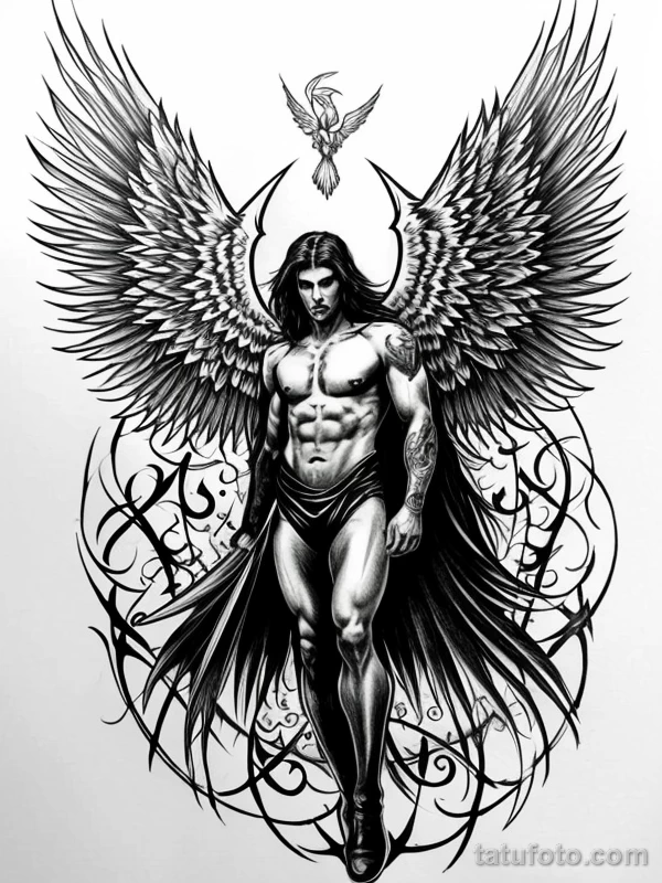 Эскизы тату Архангел Гавриил redraw tattoo sketches on a white sheet into a fierce Archangel Gabriel tattoo sketch, with sharp, aggressive lines, dark black tatufoto.com 317
