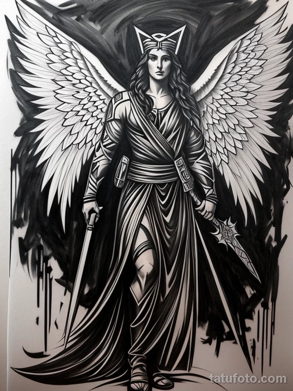 Эскизы тату Архангел Гавриил redraw tattoo sketches on a white sheet into a fierce Archangel Gabriel tattoo sketch, with sharp, aggressive lines, dark black tatufoto.com 817
