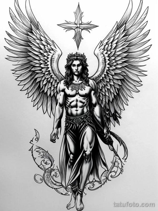 Эскизы тату Архангел Гавриил redraw tattoo sketches on a white sheet into a highly detailed Archangel Gabriel tattoo sketch, with intricate lines, bold outli tatufoto.com 312