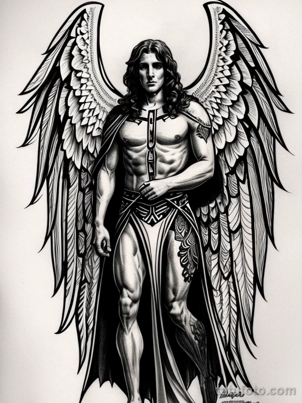 Эскизы тату Архангел Гавриил redraw tattoo sketches on a white sheet into a highly detailed Archangel Gabriel tattoo sketch, with intricate lines, bold outli tatufoto.com 462