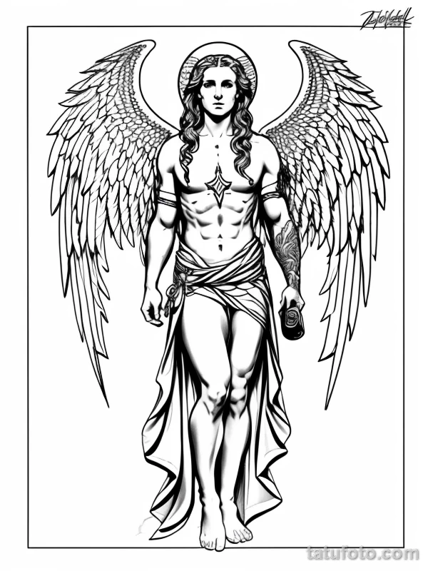 Эскизы тату Архангел Гавриил redraw tattoo sketches on a white sheet into a highly detailed Archangel Gabriel tattoo sketch, with intricate lines, bold outli tatufoto.com 587