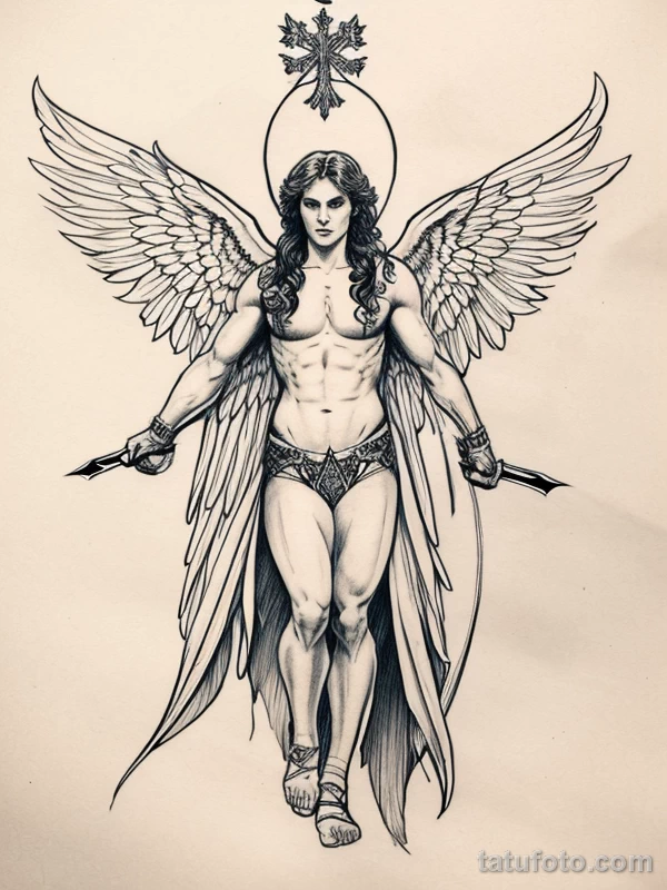 Эскизы тату Архангел Гавриил redraw tattoo sketches on a white sheet into a highly detailed Archangel Gabriel tattoo sketch, with intricate lines, bold outli tatufoto.com 612