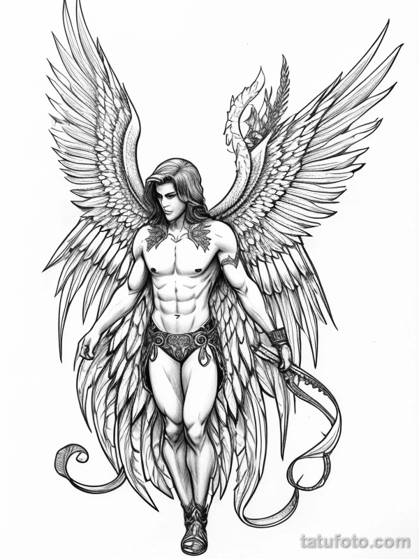 Эскизы тату Архангел Гавриил redraw tattoo sketches on a white sheet into a highly detailed Archangel Gabriel tattoo sketch, with intricate lines, bold outli tatufoto.com 637