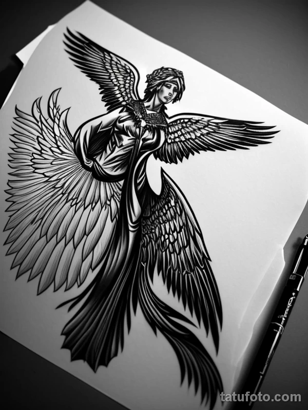 Эскизы тату Архангел Гавриил redraw tattoo sketches on a white sheet into a highly detailed Archangel Gabriel tattoo sketch, with intricate lines, bold outli tatufoto.com 762