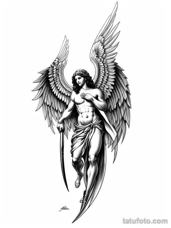Эскизы тату Архангел Гавриил redraw tattoo sketches on a white sheet into a highly detailed Archangel Gabriel tattoo sketch, with intricate lines, bold outli tatufoto.com 937