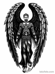 Черно-белое фото тату ангела в стиле blackwork, с использованием плотных черных заливок и геометрических узоров. Подходит для любителей темных и графичных татуировок.