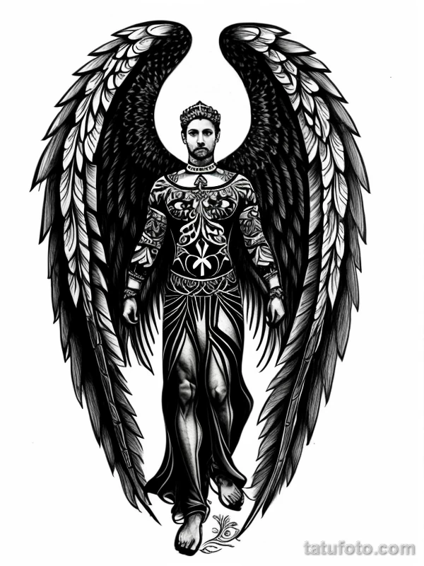 Эскизы тату Архангел Гавриил redraw tattoo sketches on a white sheet into a mandala Archangel Gabriel tattoo sketch, with intricate mandala patterns, symmetr tatufoto.com 045