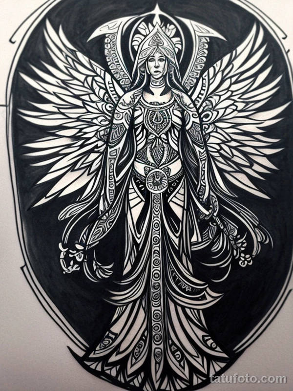 Эскизы тату Архангел Гавриил redraw tattoo sketches on a white sheet into a mandala Archangel Gabriel tattoo sketch, with intricate mandala patterns, symmetr tatufoto.com 822