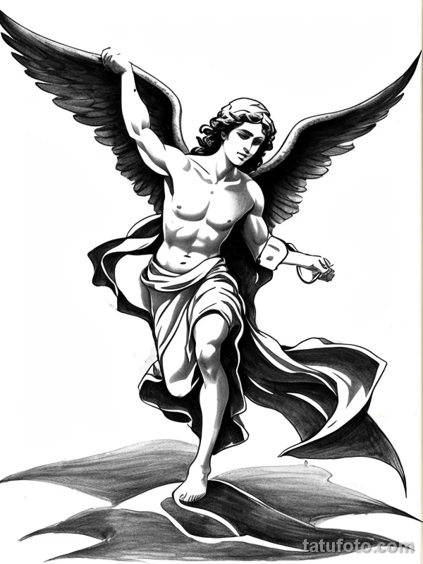 Эскизы тату Архангел Гавриил redraw tattoo sketches on a white sheet into a minimalist Archangel Gabriel tattoo sketch, with very few lines, simple shapes, c tatufoto.com 002