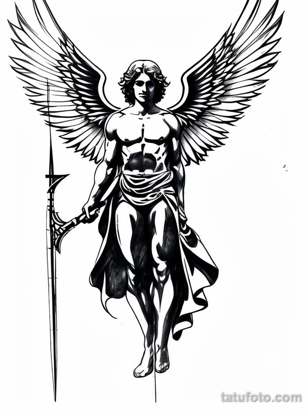 Эскизы тату Архангел Гавриил redraw tattoo sketches on a white sheet into a minimalist Archangel Gabriel tattoo sketch, with very few lines, simple shapes, c tatufoto.com 385