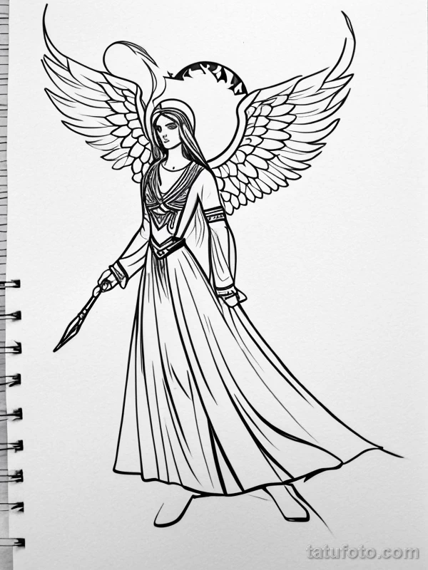 Эскизы тату Архангел Гавриил redraw tattoo sketches on a white sheet into a minimalist Archangel Gabriel tattoo sketch, with very few lines, simple shapes, c tatufoto.com 860