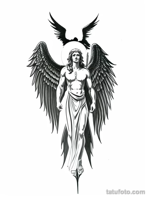 Эскизы тату Архангел Гавриил redraw tattoo sketches on a white sheet into a minimalist Archangel Gabriel tattoo sketch, with very few lines, simple shapes, c tatufoto.com 935