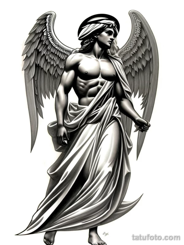 Эскизы тату Архангел Гавриил redraw tattoo sketches on a white sheet into a modern minimalist Archangel Gabriel tattoo sketch, using only black ink with simp tatufoto.com 057