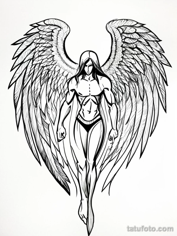 Эскизы тату Архангел Гавриил redraw tattoo sketches on a white sheet into a modern minimalist Archangel Gabriel tattoo sketch, using only black ink with simp tatufoto.com 239