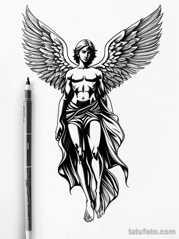 Эскизы тату Архангел Гавриил redraw tattoo sketches on a white sheet into a modern minimalist Archangel Gabriel tattoo sketch, using only black ink with simp tatufoto.com 389