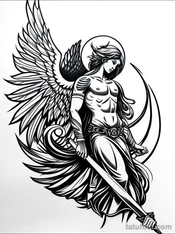 Эскизы тату Архангел Гавриил redraw tattoo sketches on a white sheet into a modern minimalist Archangel Gabriel tattoo sketch, using only black ink with simp tatufoto.com 539