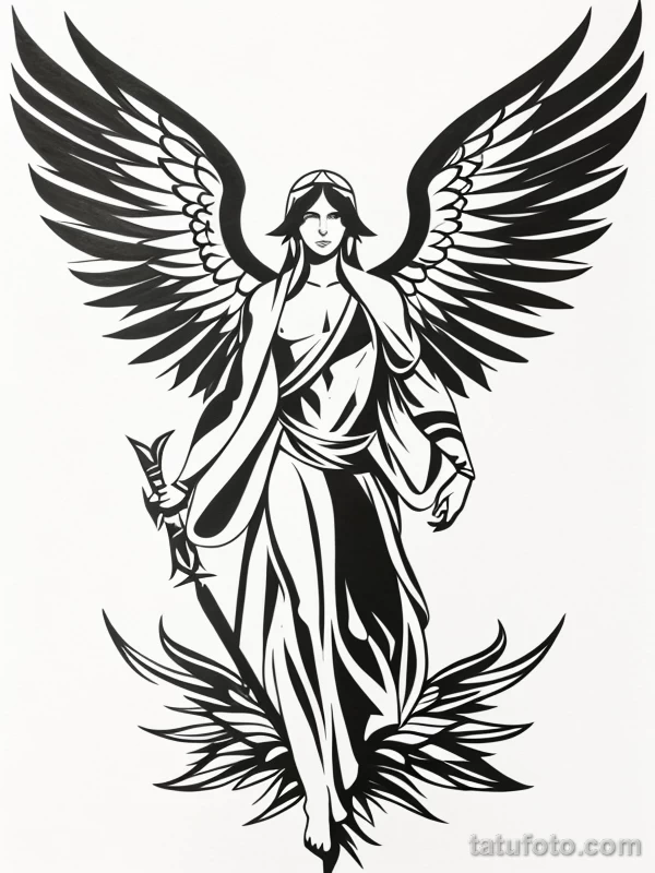 Эскизы тату Архангел Гавриил redraw tattoo sketches on a white sheet into a modern minimalist Archangel Gabriel tattoo sketch, using only black ink with simp tatufoto.com 689