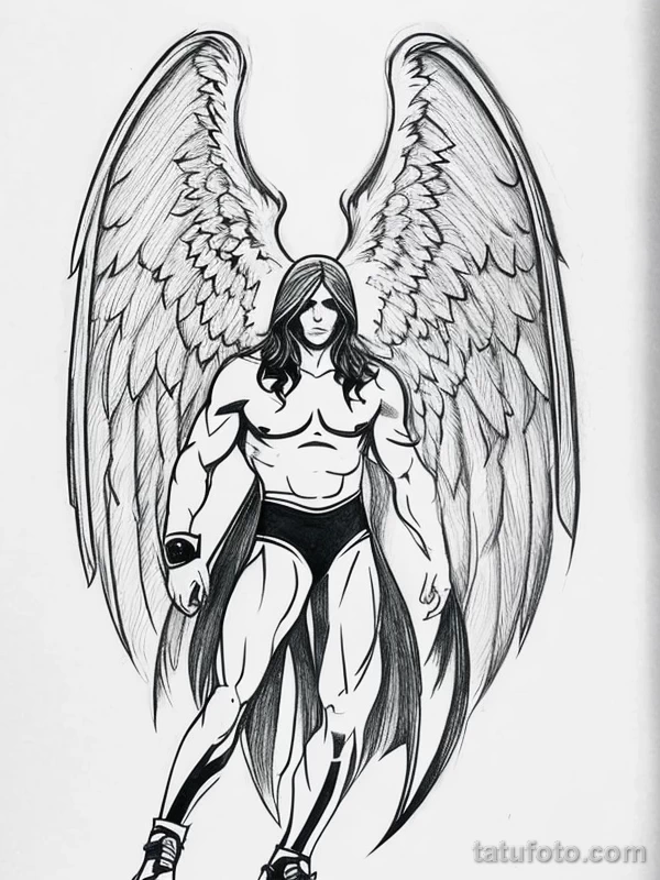 Эскизы тату Архангел Гавриил redraw tattoo sketches on a white sheet into a modern minimalist Archangel Gabriel tattoo sketch, using only black ink with simp tatufoto.com 839