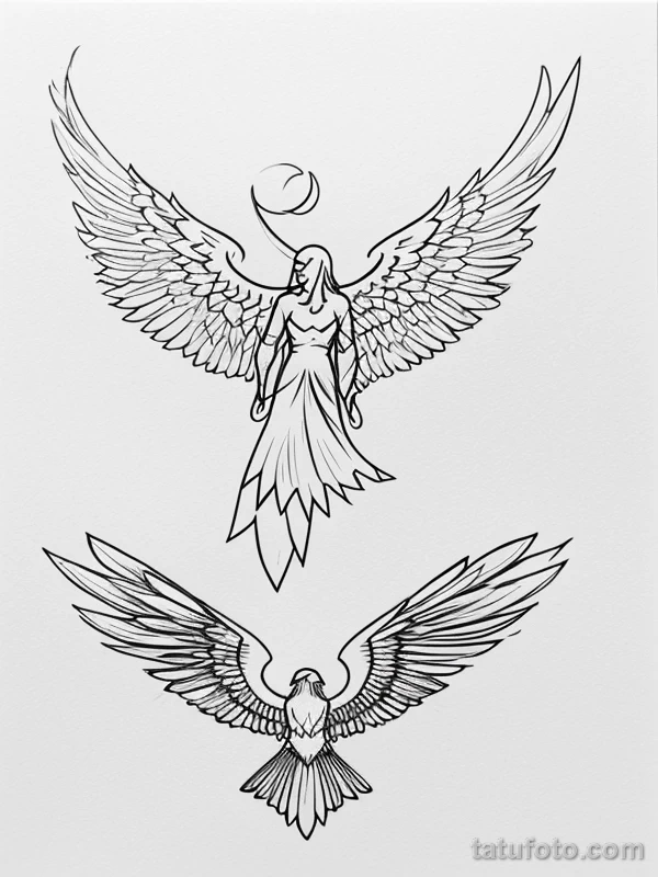 Эскизы тату Архангел Гавриил redraw tattoo sketches on a white sheet into a modern minimalist Archangel Gabriel tattoo sketch, using only black ink with simp tatufoto.com 864