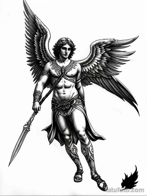 Эскизы тату Архангел Гавриил redraw tattoo sketches on a white sheet into a mystical Archangel Gabriel tattoo sketch, with soft glowing highlights, subtle sh tatufoto.com 215