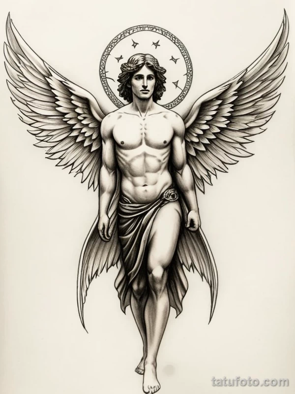 Эскизы тату Архангел Гавриил redraw tattoo sketches on a white sheet into a mystical Archangel Gabriel tattoo sketch, with soft glowing highlights, subtle sh tatufoto.com 290
