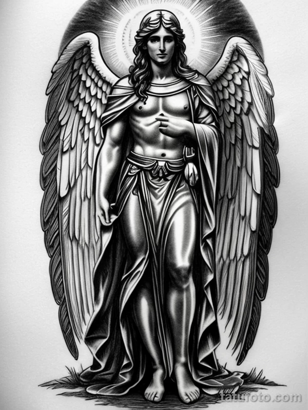 Эскизы тату Архангел Гавриил redraw tattoo sketches on a white sheet into a mystical Archangel Gabriel tattoo sketch, with soft glowing highlights, subtle sh tatufoto.com 465
