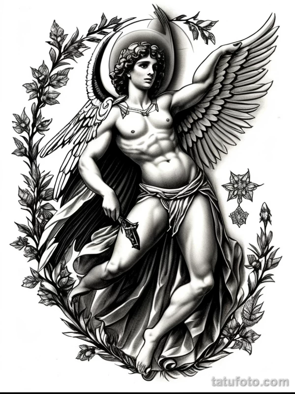 Эскизы тату Архангел Гавриил redraw tattoo sketches on a white sheet into a mystical Archangel Gabriel tattoo sketch, with soft glowing highlights, subtle sh tatufoto.com 490