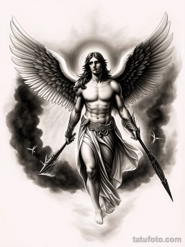 Эскизы тату Архангел Гавриил redraw tattoo sketches on a white sheet into a mystical Archangel Gabriel tattoo sketch, with soft glowing highlights, subtle sh tatufoto.com 565