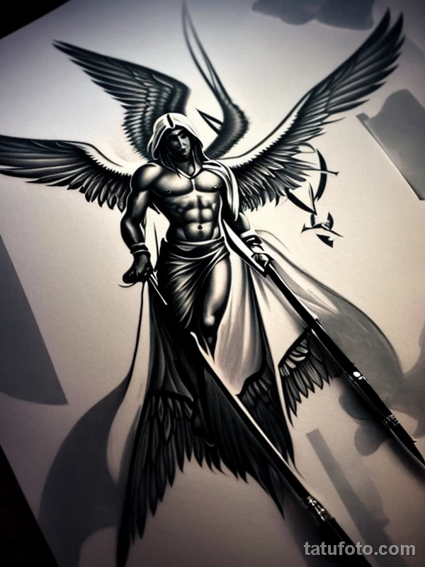 Эскизы тату Архангел Гавриил redraw tattoo sketches on a white sheet into a mystical Archangel Gabriel tattoo sketch, with soft glowing highlights, subtle sh tatufoto.com 765