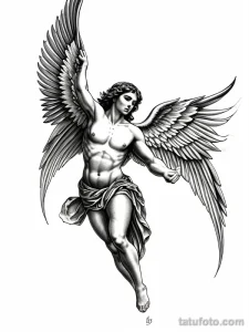Фото эскиза татуировки ангела в полете, с распростертыми крыльями и мягкими линиями, выполненного в черном цвете.