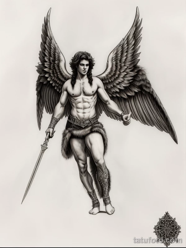 Эскизы тату Архангел Гавриил redraw tattoo sketches on a white sheet into a realistic Archangel Gabriel tattoo sketch, with detailed fur texture, lifelike sh tatufoto.com 211