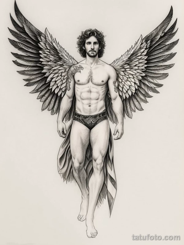 Эскизы тату Архангел Гавриил redraw tattoo sketches on a white sheet into a realistic Archangel Gabriel tattoo sketch, with detailed fur texture, lifelike sh tatufoto.com 336