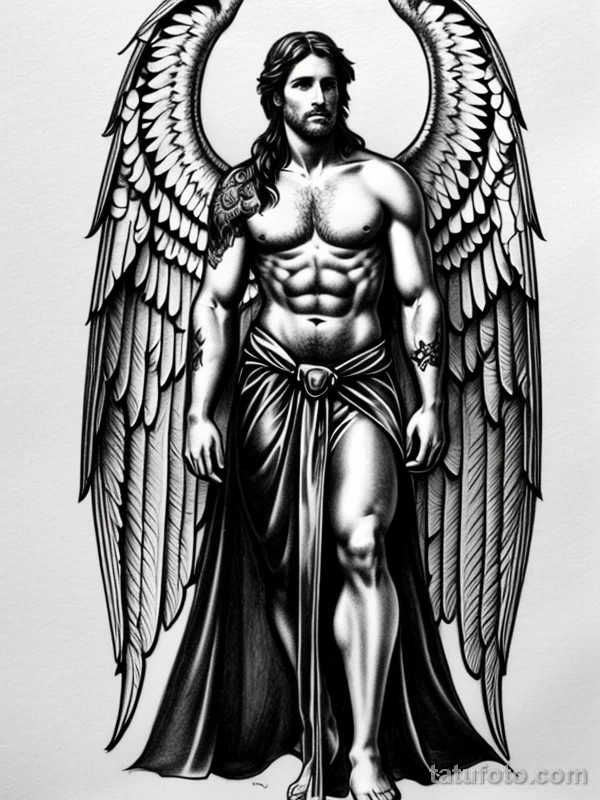 Эскизы тату Архангел Гавриил redraw tattoo sketches on a white sheet into a realistic Archangel Gabriel tattoo sketch, with detailed fur texture, lifelike sh tatufoto.com 461