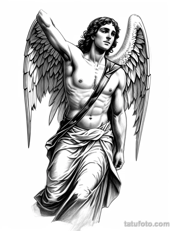 Эскизы тату Архангел Гавриил redraw tattoo sketches on a white sheet into a sketchy Archangel Gabriel tattoo sketch, with rough, unfinished lines, quick penc tatufoto.com 072