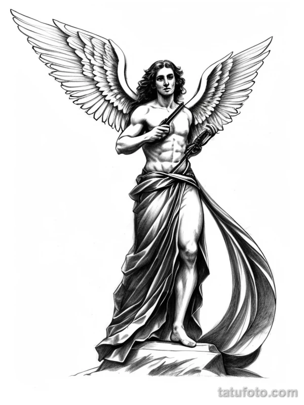 Эскизы тату Архангел Гавриил redraw tattoo sketches on a white sheet into a sketchy Archangel Gabriel tattoo sketch, with rough, unfinished lines, quick penc tatufoto.com 148