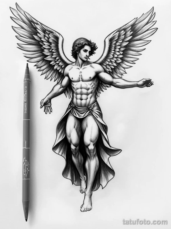 Эскизы тату Архангел Гавриил redraw tattoo sketches on a white sheet into a sketchy Archangel Gabriel tattoo sketch, with rough, unfinished lines, quick penc tatufoto.com 398