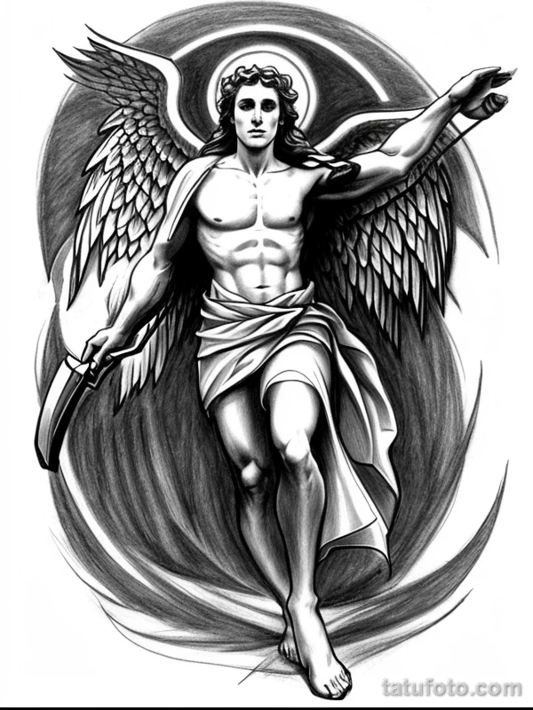 Эскизы тату Архангел Гавриил redraw tattoo sketches on a white sheet into a sketchy Archangel Gabriel tattoo sketch, with rough, unfinished lines, quick penc tatufoto.com 498