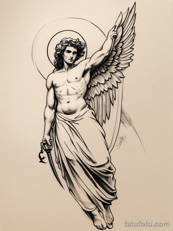 Эскизы тату Архангел Гавриил redraw tattoo sketches on a white sheet into a sketchy Archangel Gabriel tattoo sketch, with rough, unfinished lines, quick penc tatufoto.com 623