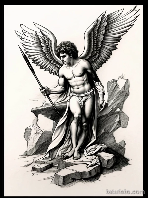 Эскизы тату Архангел Гавриил redraw tattoo sketches on a white sheet into a sketchy Archangel Gabriel tattoo sketch, with rough, unfinished lines, quick penc tatufoto.com 748